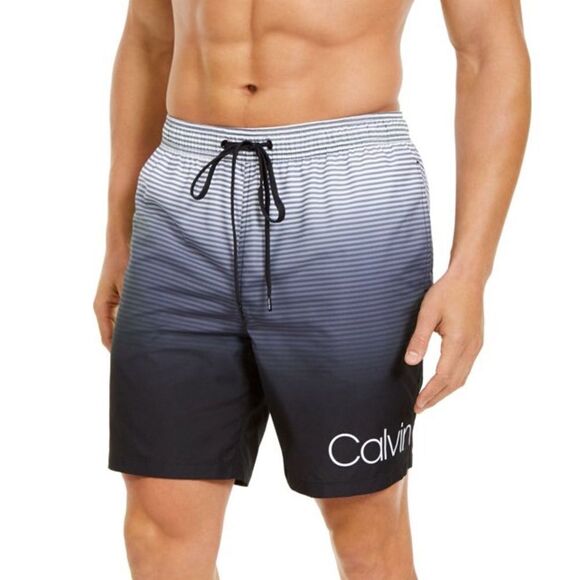 CALVIN KLEIN Mens Black Drawstring Striped Classic Fit Swim Trunks - Picture 1 of 3